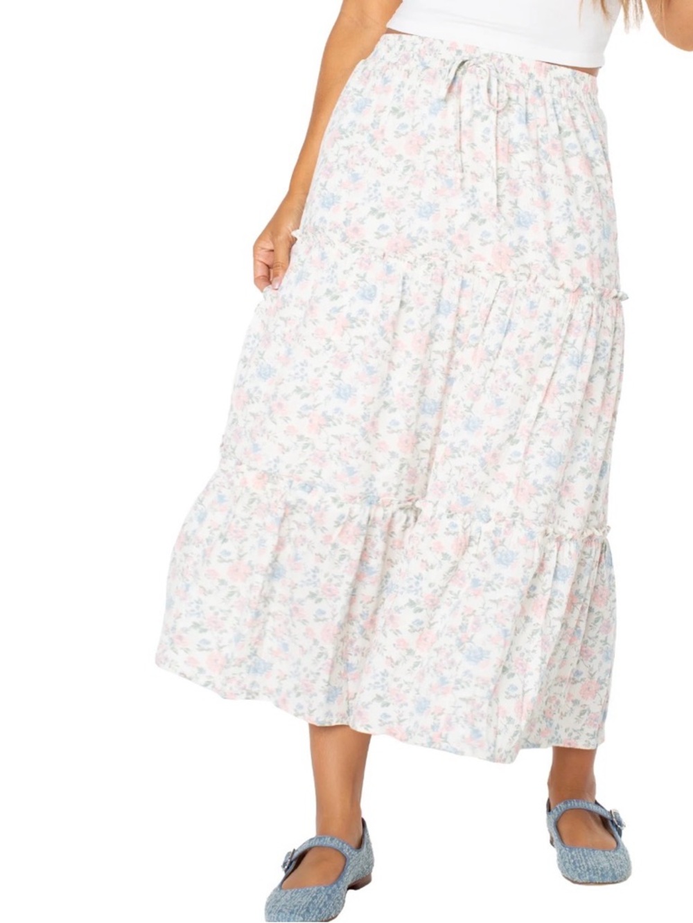Celebrity Pink Pastel Floral Tiered Midi Skirt